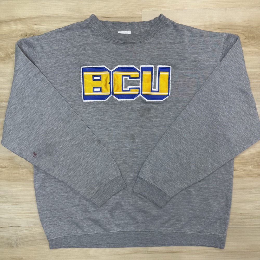 Vintage CI Sport BCU Sweatshirt Mens M Gray Embroidered Spellout Fleece Pullover